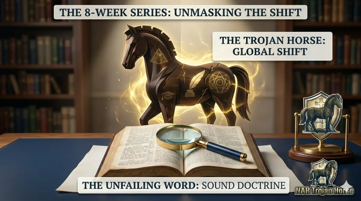 Open Bible for sound doctrine in the foreground with a large Trojan Horse containing glowing symbols of theological deceptions in the background. NAR Trojan Horse series header