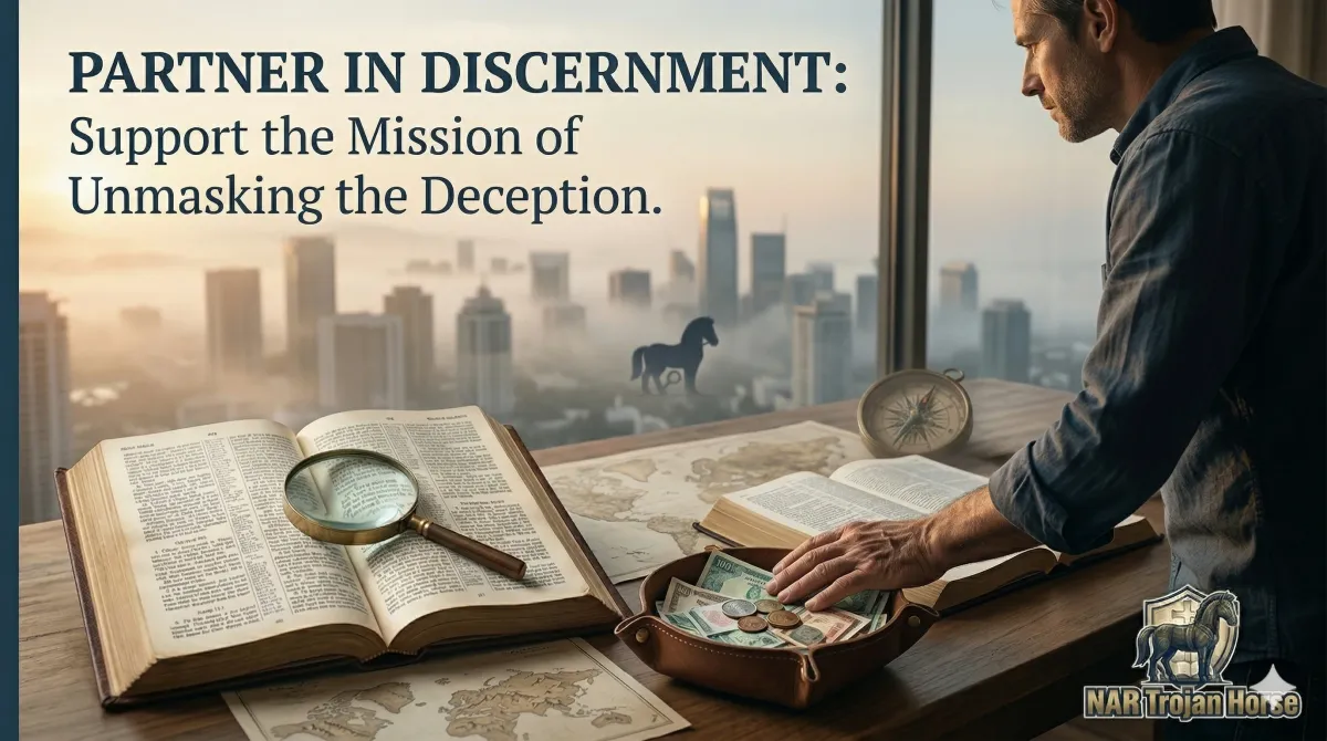A researcher at dawn overlooking a city with a Trojan Horse silhouette, symbolizing the mission of NAR Trojan Horse to unmask deception through biblical vigilance.