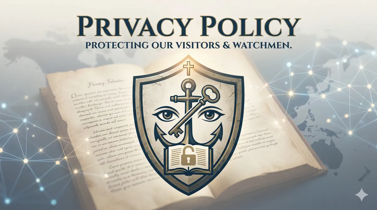 Featured image for the NAR Trojan Horse Privacy Policy page, featuring a shield and open Bible symbolizing secure discernment and protected data for Christian Watchmen.