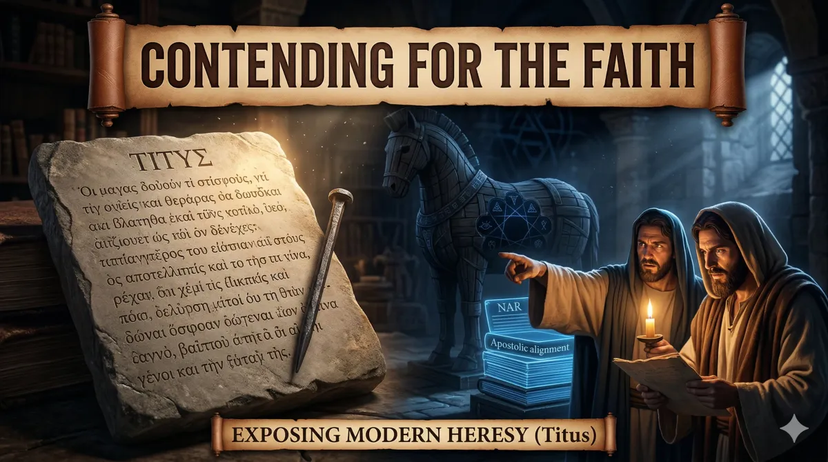 A biblical stone tablet of Titus 1:9 illuminated by candlelight next to two watchful men, with a dark wooden Trojan horse representing NAR deception in the background.